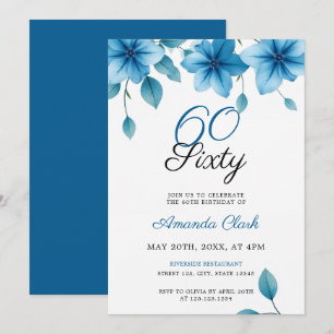 Elegant Blue Floral Watercolor 60th Birthday Invitation