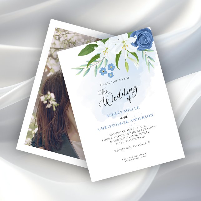 Elegant Blue Floral Watercolor Photo Invitation (Creator Uploaded)