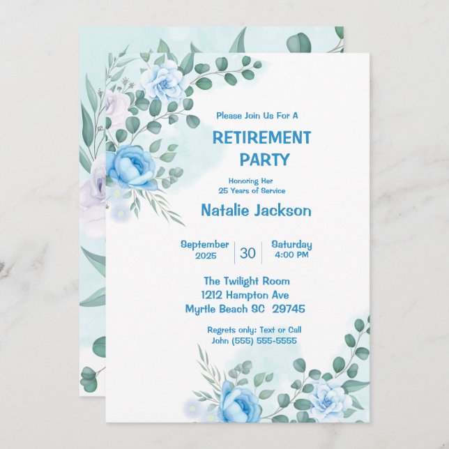  Elegant Blue Floral Watercolor Retirement Party   Invitation (Front/Back)