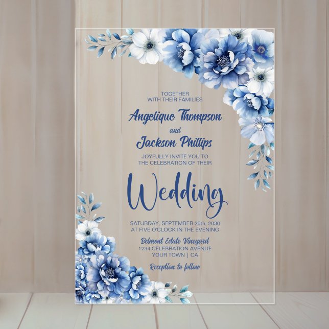 Elegant Blue Floral Wedding Acrylic Invitations (Creator Uploaded)