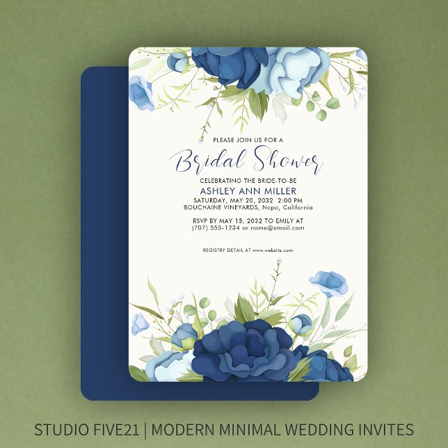 Elegant Blue Floral Wedding Bridal Shower Invitation (Creator Uploaded)