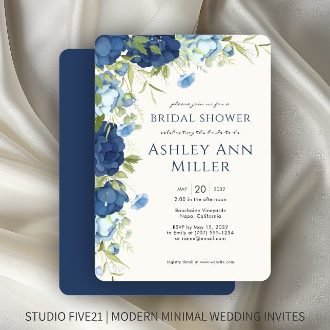 Elegant Blue Floral Wedding Bridal Shower Invitation (Creator Uploaded)