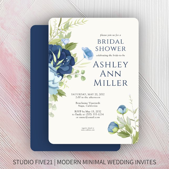 Elegant Blue Floral Wedding Bridal Shower Invitation (Creator Uploaded)