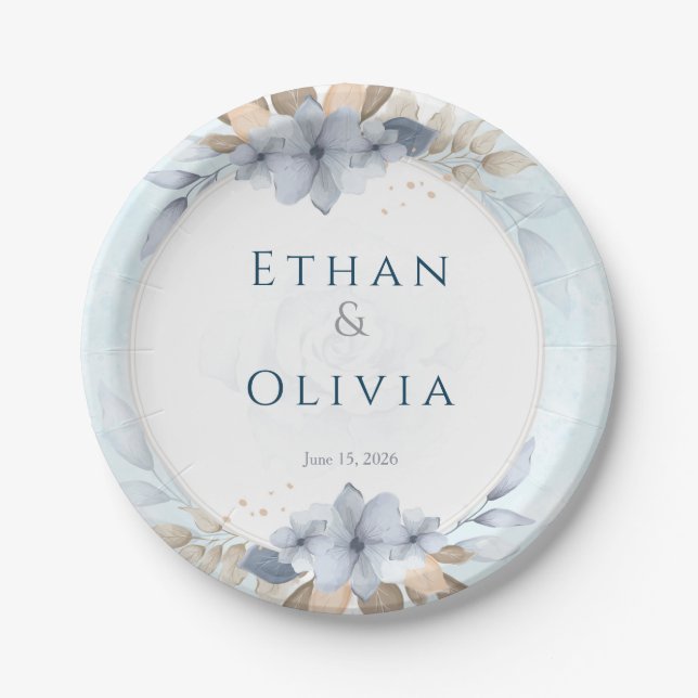 Elegant Blue Floral Wedding Decorative Plate | Per (Front)