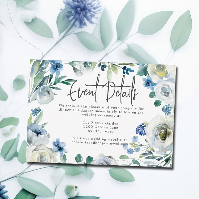 Elegant Blue Floral Wedding Event Details Enclosure Card (Creator Uploaded)