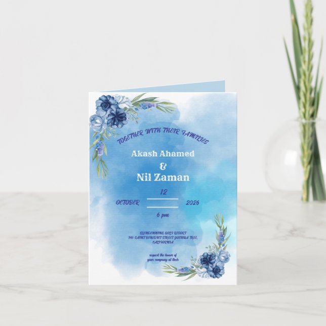 Elegant Blue Floral Wedding Invitation (Front)