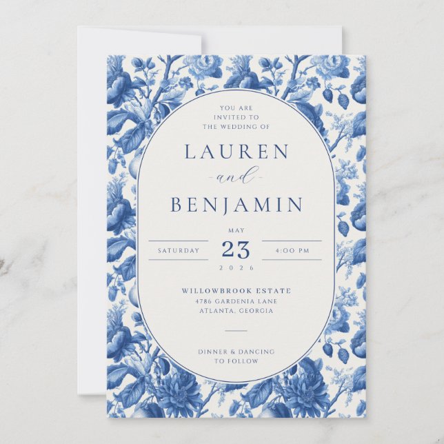 Elegant Blue Floral Wedding Invitation (Front)