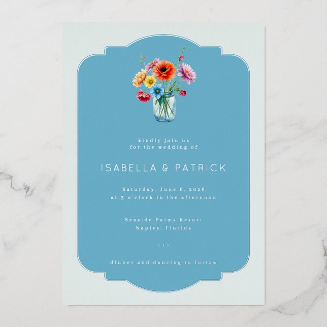 Elegant Blue Floral Wedding Invitation (Front)