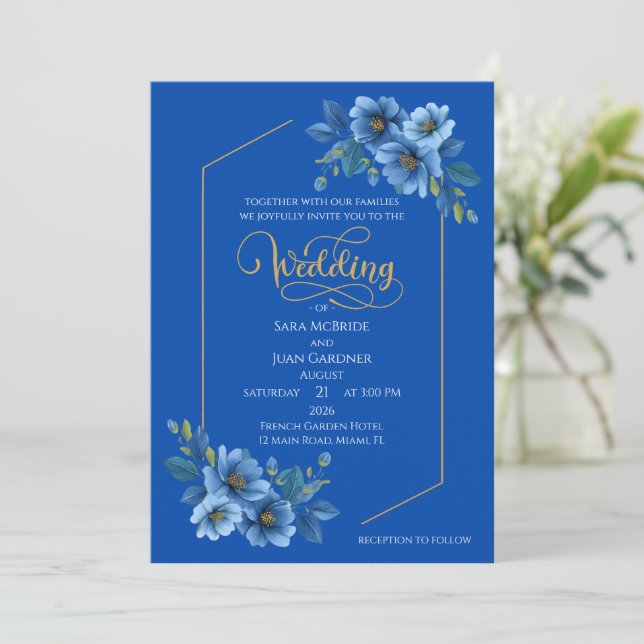 Elegant Blue Floral Wedding Invitation (Standing Front)