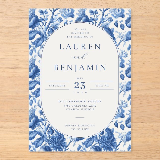 Elegant Blue Floral Wedding Invitation (Front)