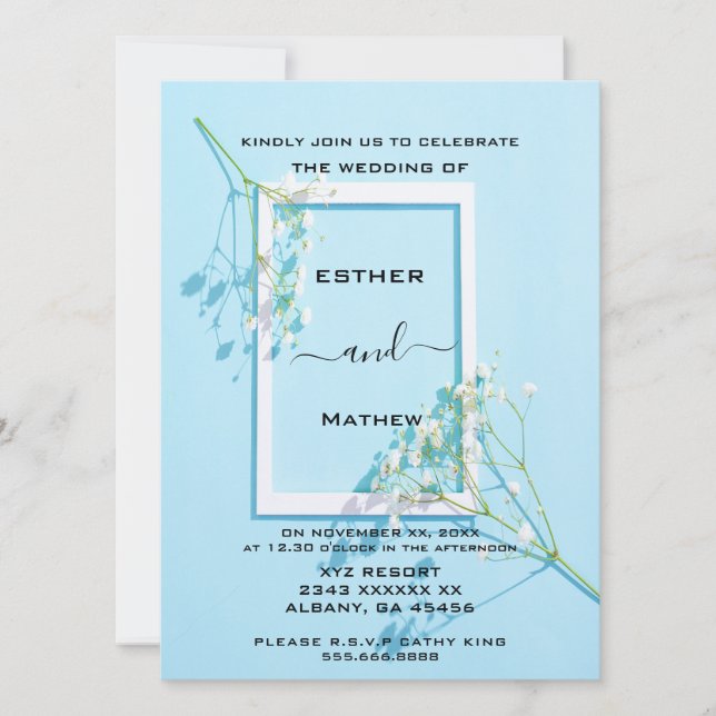 Elegant Blue Floral Wedding Invitation (Front)