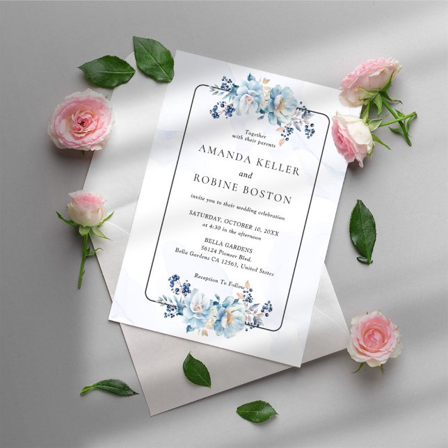 Elegant Blue Floral Wedding Invitation (Creator Uploaded)