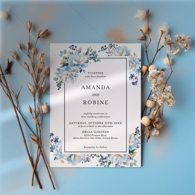 Elegant Blue Floral Wedding Invitation (Creator Uploaded)
