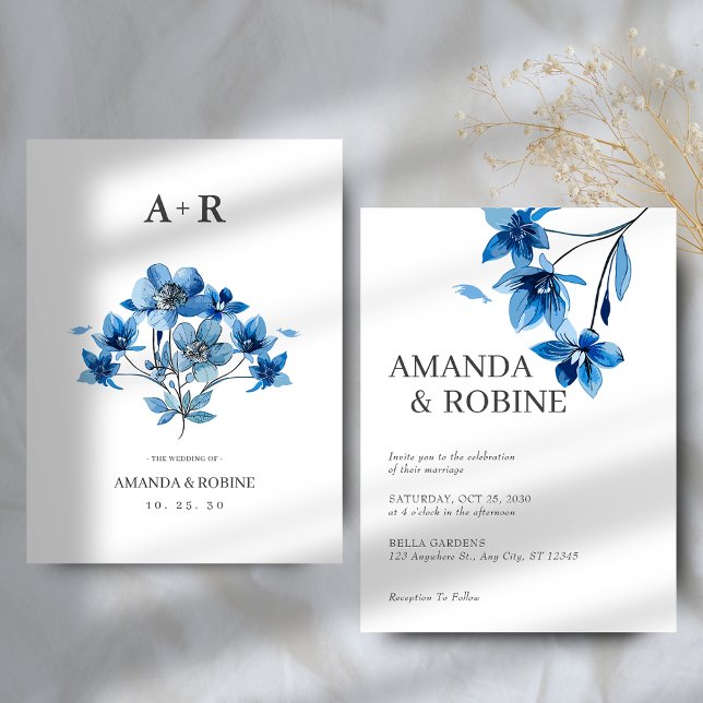 Elegant Blue Floral Wedding Invitation (Creator Uploaded)