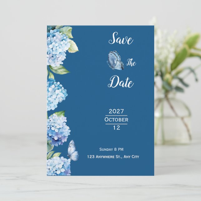 Elegant Blue Floral Wedding  Invitation (Standing Front)