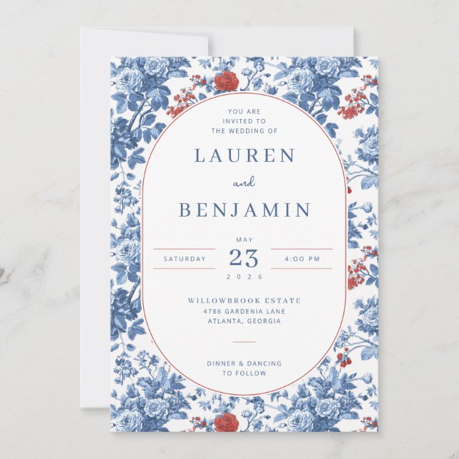 Elegant Blue Floral Wedding Invitation (Front)