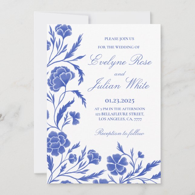 Elegant Blue Floral Wedding Invitation Card (Front)