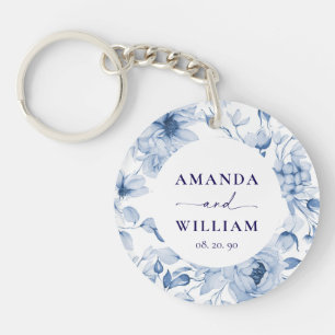 Elegant Blue Floral Wedding  Key Ring
