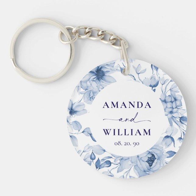 Elegant Blue Floral Wedding  Key Ring (Front)
