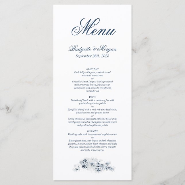 Elegant Blue Floral Wedding Menu (Front)