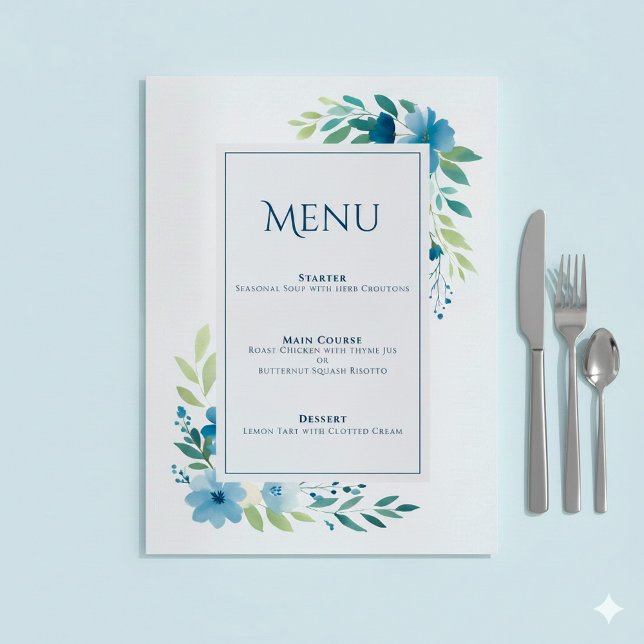 Elegant Blue Floral Wedding Menu Card (Blue flowery wedding menu.)