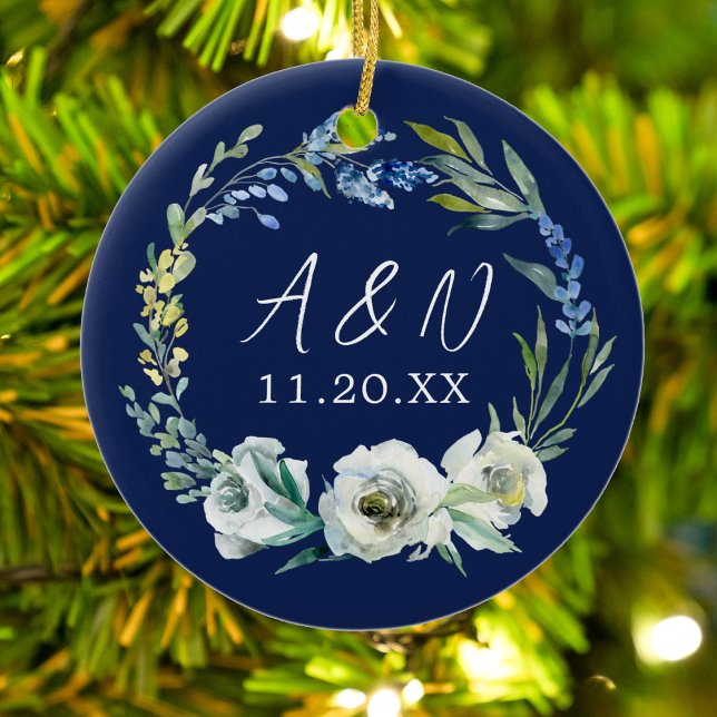 Elegant Blue Floral Wedding Monogram Christmas Ceramic Ornament (Creator Uploaded)