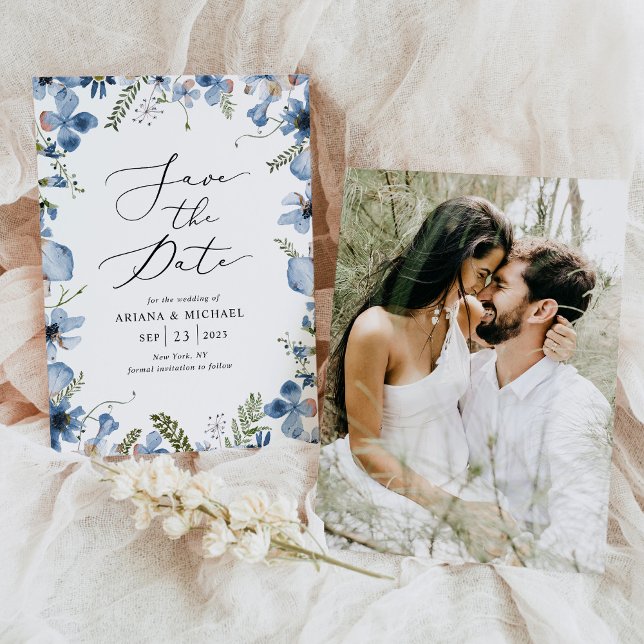 Elegant Blue Floral Wedding Photo Save The Date Invitation (Creator Uploaded)