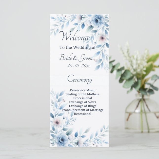 Elegant Blue Floral Wedding Program (Standing Front)