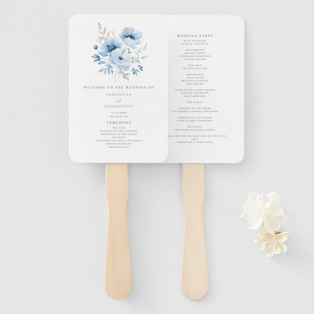 Elegant Blue Floral Wedding Program  Hand Fan (Front and Back)