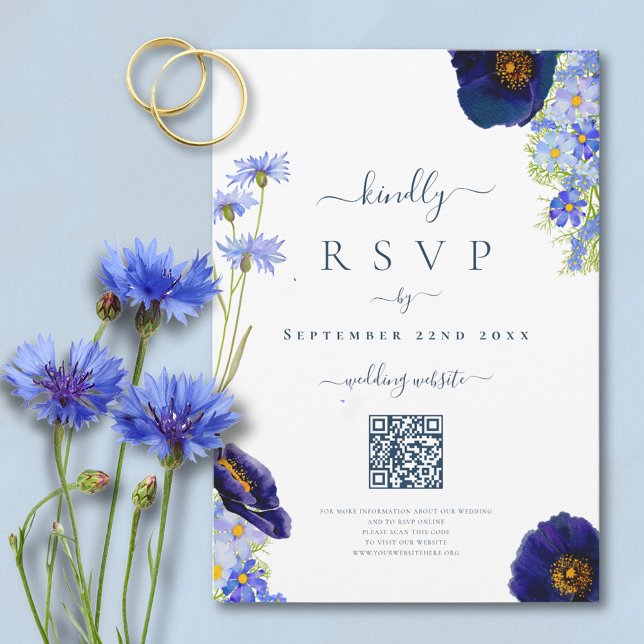 Elegant Blue Floral Wedding Response QR Code (Modern wildflower watercolor blue summer floral online RSVP QR Code with elegant typography script)