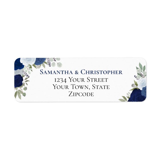 Elegant Blue Floral Wedding Return Address Label (Front)