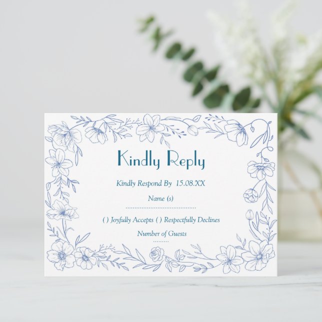 Elegant Blue Floral Wedding RSVP Reply Insert Card (Standing Front)