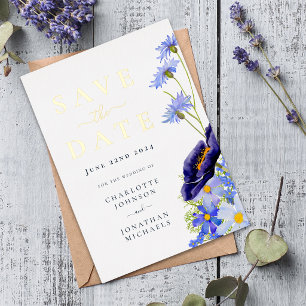 Elegant Blue Floral Wedding Save The Date Gold