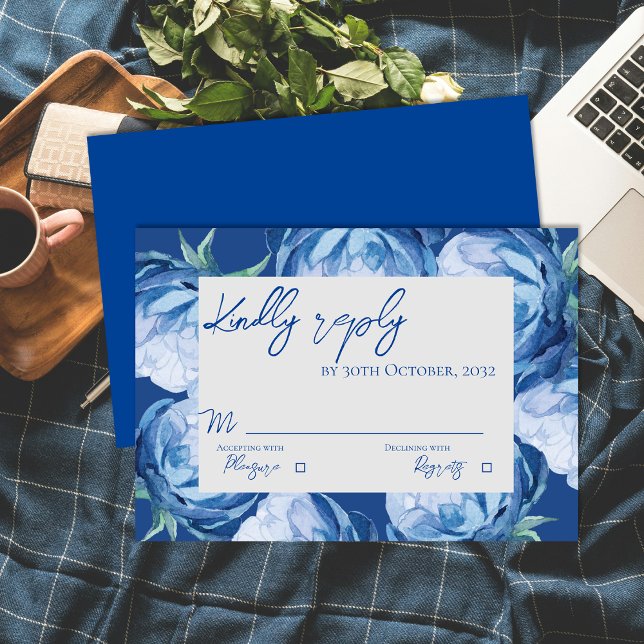Elegant Blue Floral Wedding Script Reply RSVP Card (Elegant Script Pretty Blue Flowers Trendy Wedding RSVP Card)