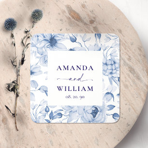 Elegant Blue Floral Wedding Square Sticker