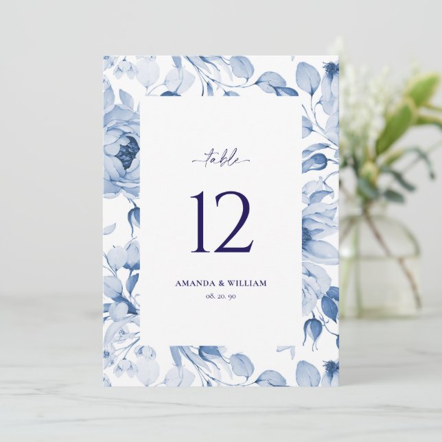Elegant Blue Floral Wedding Table Number Card (Standing Front)