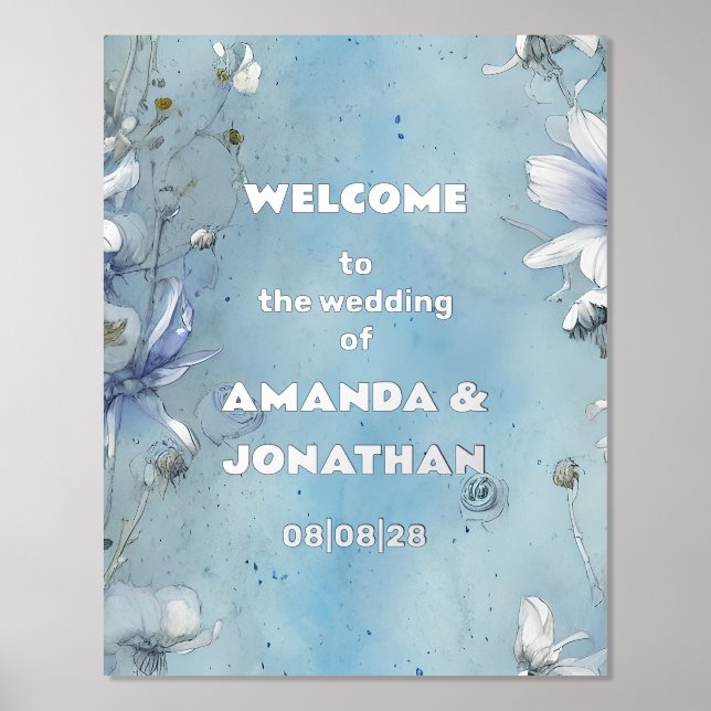 Elegant Blue Floral Wedding Welcome Foil Sign (Front)