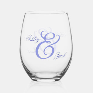 Elegant Blue Floral Wedding Wine Stemless Wine Glass