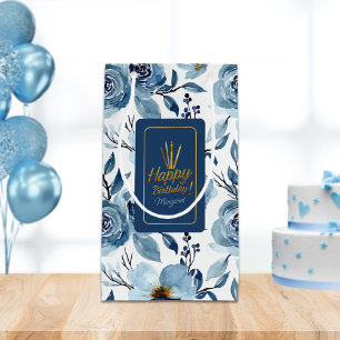 Elegant Blue Floral White Happy Birthday Name  Small Gift Bag