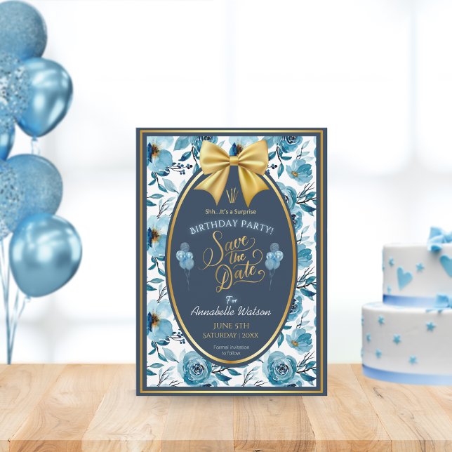 Elegant Blue Floral White Surprise Birthday Flat Save The Date (Creator Uploaded)