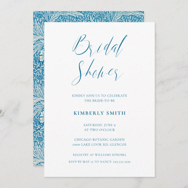 Elegant Blue Floral William Morris Bridal Shower Invitation (Front/Back)