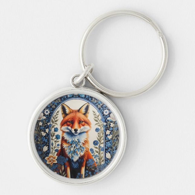 Elegant Blue Floral William Morris Inspired Fox Key Ring (Front)
