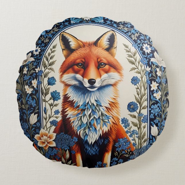 Elegant Blue Floral William Morris Inspired Fox Round Cushion (Front)