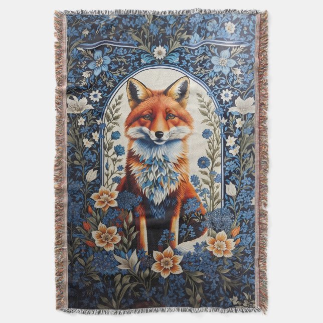 Elegant Blue Floral William Morris Inspired Fox Throw Blanket (Front Vertical)
