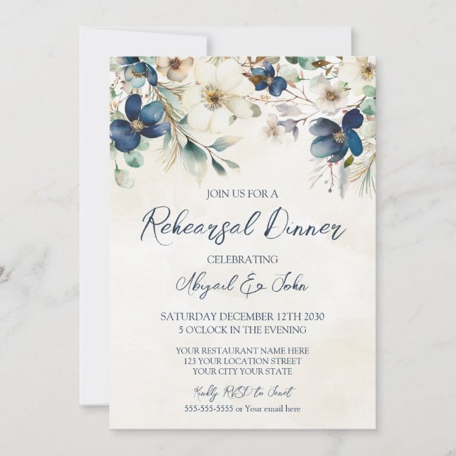 Elegant Blue Floral Winter Rehearsal Dinner Invitation (Front)