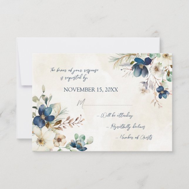 Elegant Blue Floral Winter RSVP Wedding Card (Front)