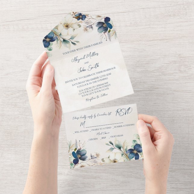 Elegant Blue Floral Winter Wedding All In One Invitation (Tearaway)