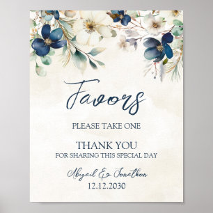 Elegant Blue Floral Winter Wedding Favors Sign