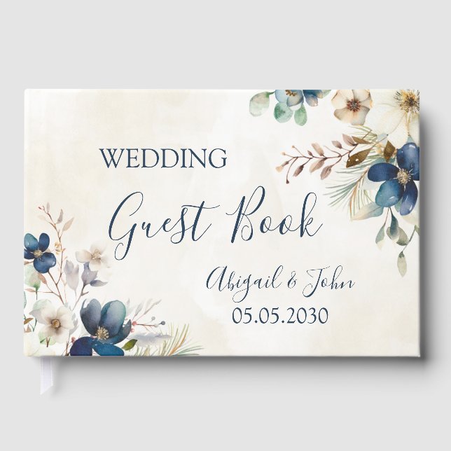 Elegant Blue Floral Winter Wedding Guest Book (Front)