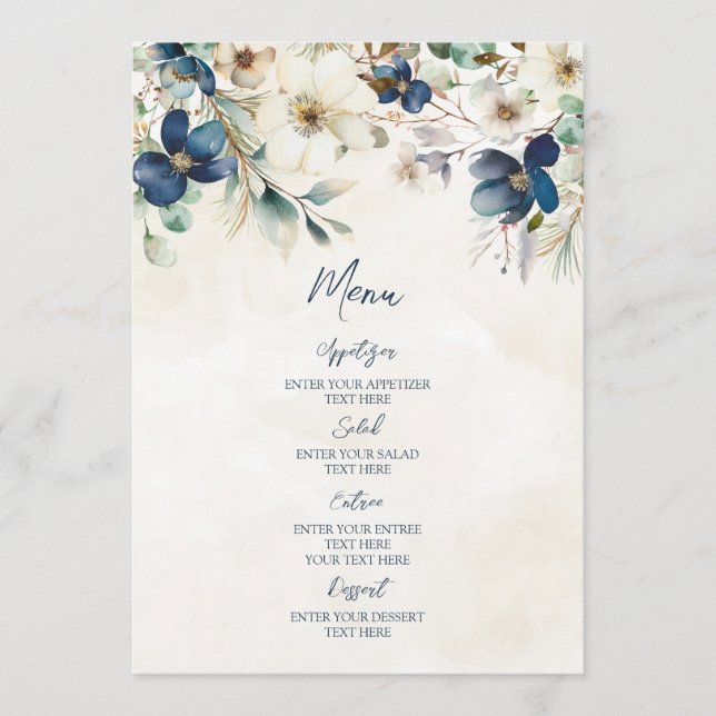 Elegant Blue Floral Winter Wedding Menu (Front)